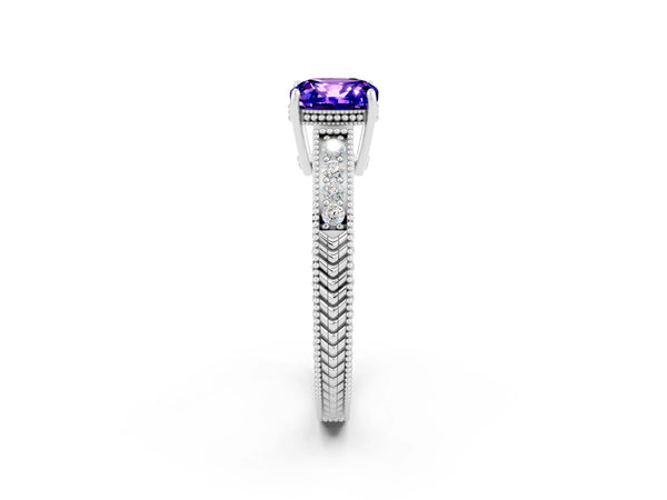 Platinum Cushion Cut Tanzanite Engagement Ring with Milgrain Channel Set Band and Prong Setting