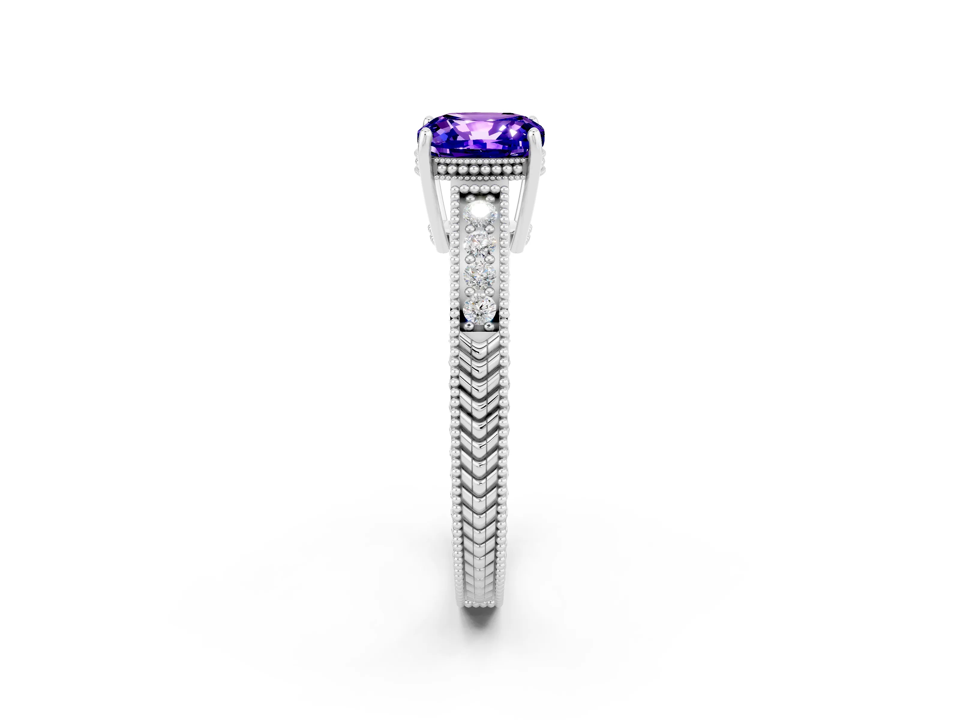 White gold Cushion Cut Tanzanite Engagement Ring with Milgrain Channel Set Band and Prong Setting_2