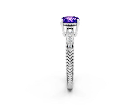 White gold Cushion Cut Tanzanite Engagement Ring with Milgrain Channel Set Band and Prong Setting_2