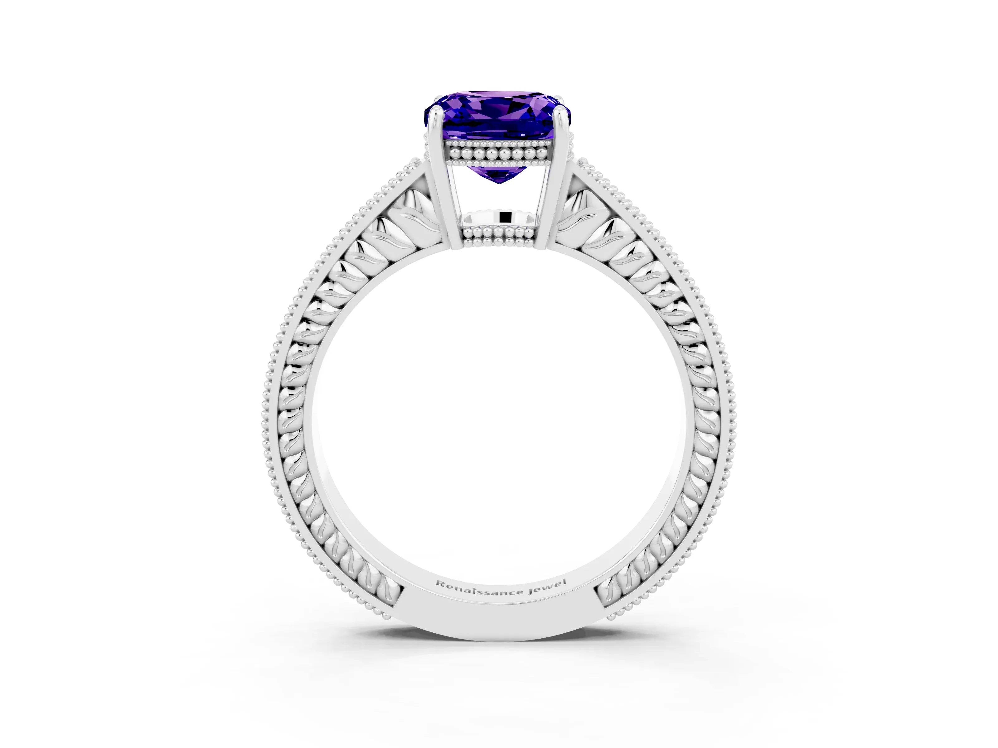 White gold Cushion Cut Tanzanite Engagement Ring with Milgrain Channel Set Band and Prong Setting_3