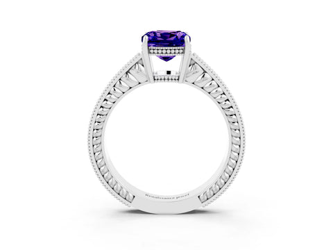 White gold Cushion Cut Tanzanite Engagement Ring with Milgrain Channel Set Band and Prong Setting_3