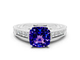 White gold Cushion Cut Tanzanite Engagement Ring with Milgrain Channel Set Band and Prong Setting
