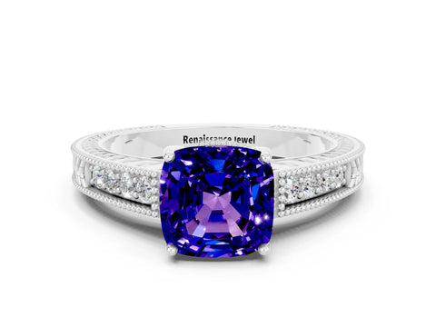 White gold Cushion Cut Tanzanite Engagement Ring with Milgrain Channel Set Band and Prong Setting