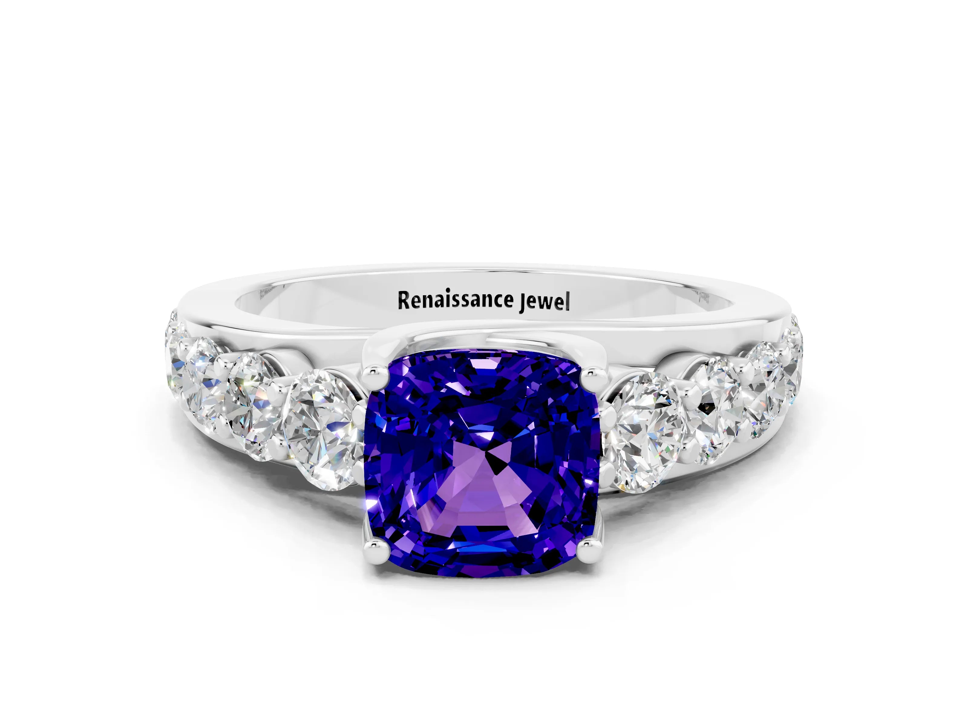 White gold Cushion Cut Tanzanite Engagement Ring with Pavé Band and Four-Prong Setting