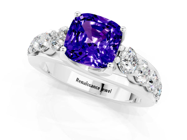 Silver Cushion Cut Tanzanite Engagement Ring with Pavé Band and Four-Prong Setting
