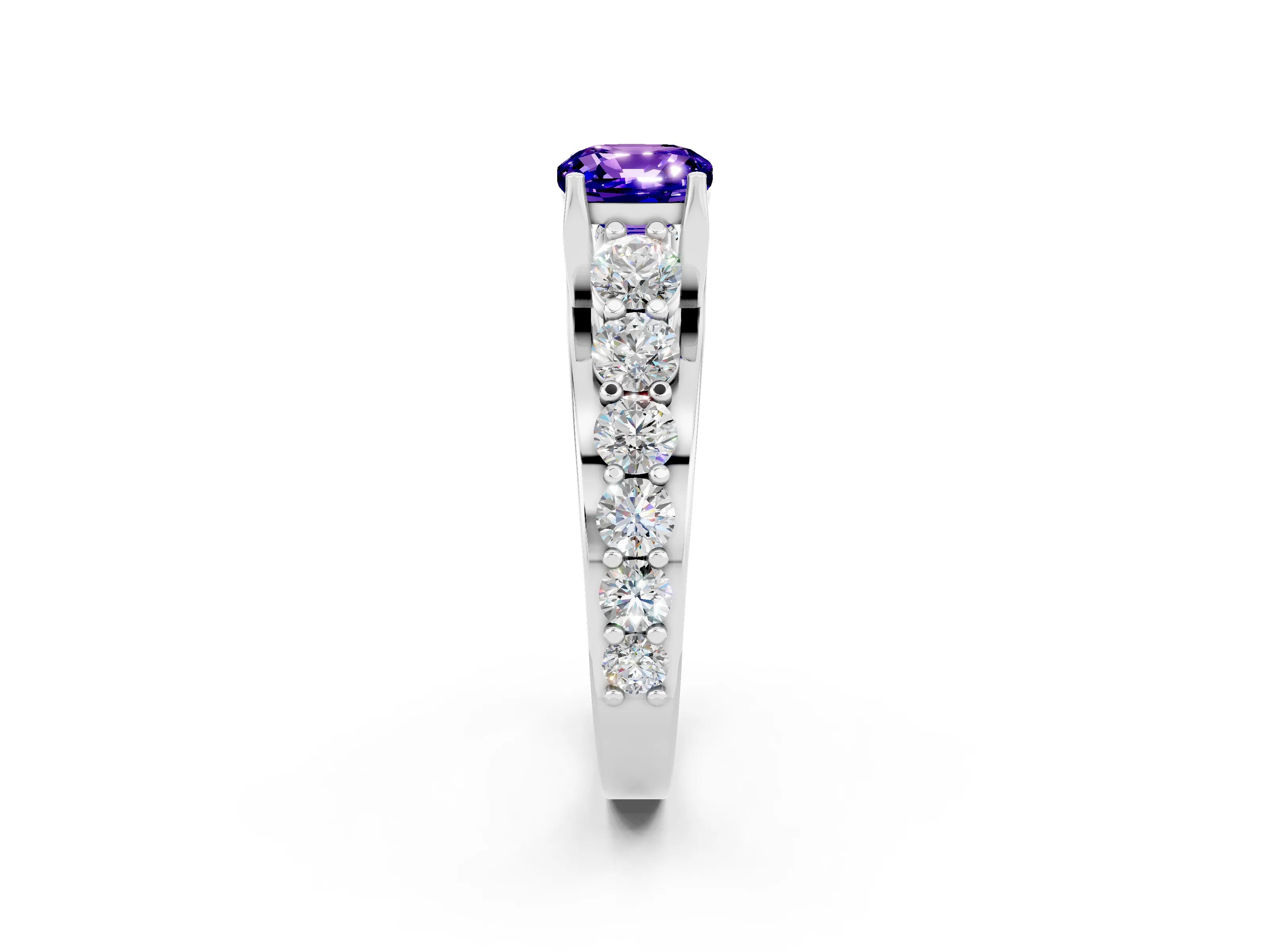 White gold Cushion Cut Tanzanite Engagement Ring with Pavé Band and Four-Prong Setting_2