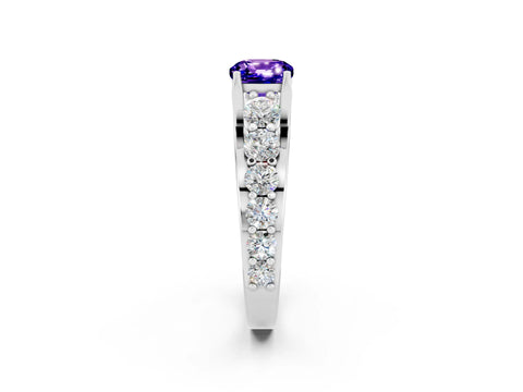 White gold Cushion Cut Tanzanite Engagement Ring with Pavé Band and Four-Prong Setting_2