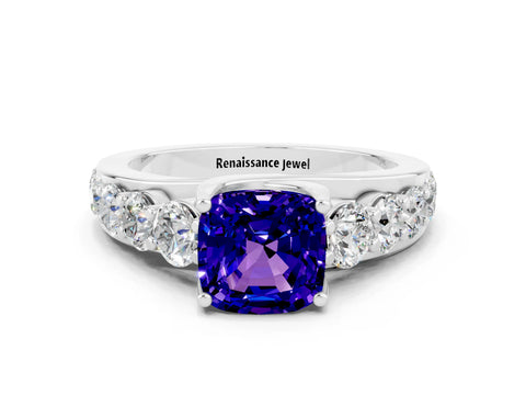 White gold Cushion Cut Tanzanite Engagement Ring with Pavé Band and Four-Prong Setting