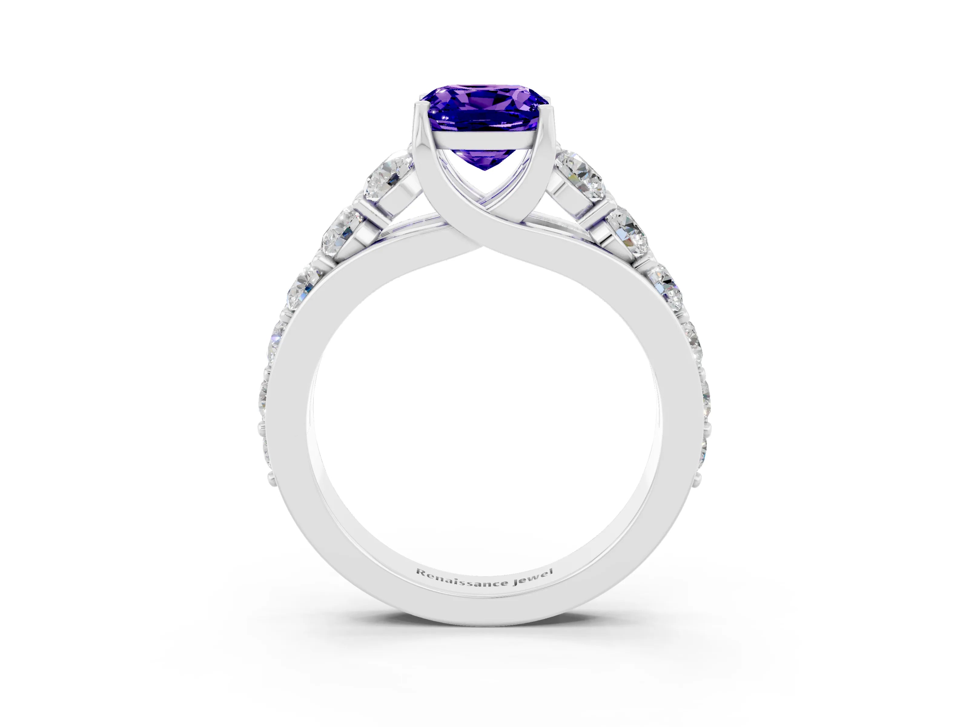 White gold Cushion Cut Tanzanite Engagement Ring with Pavé Band and Four-Prong Setting_3