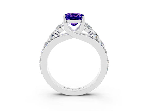 White gold Cushion Cut Tanzanite Engagement Ring with Pavé Band and Four-Prong Setting_3