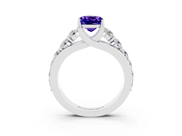 Silver Cushion Cut Tanzanite Engagement Ring with Pavé Band and Four-Prong Setting
