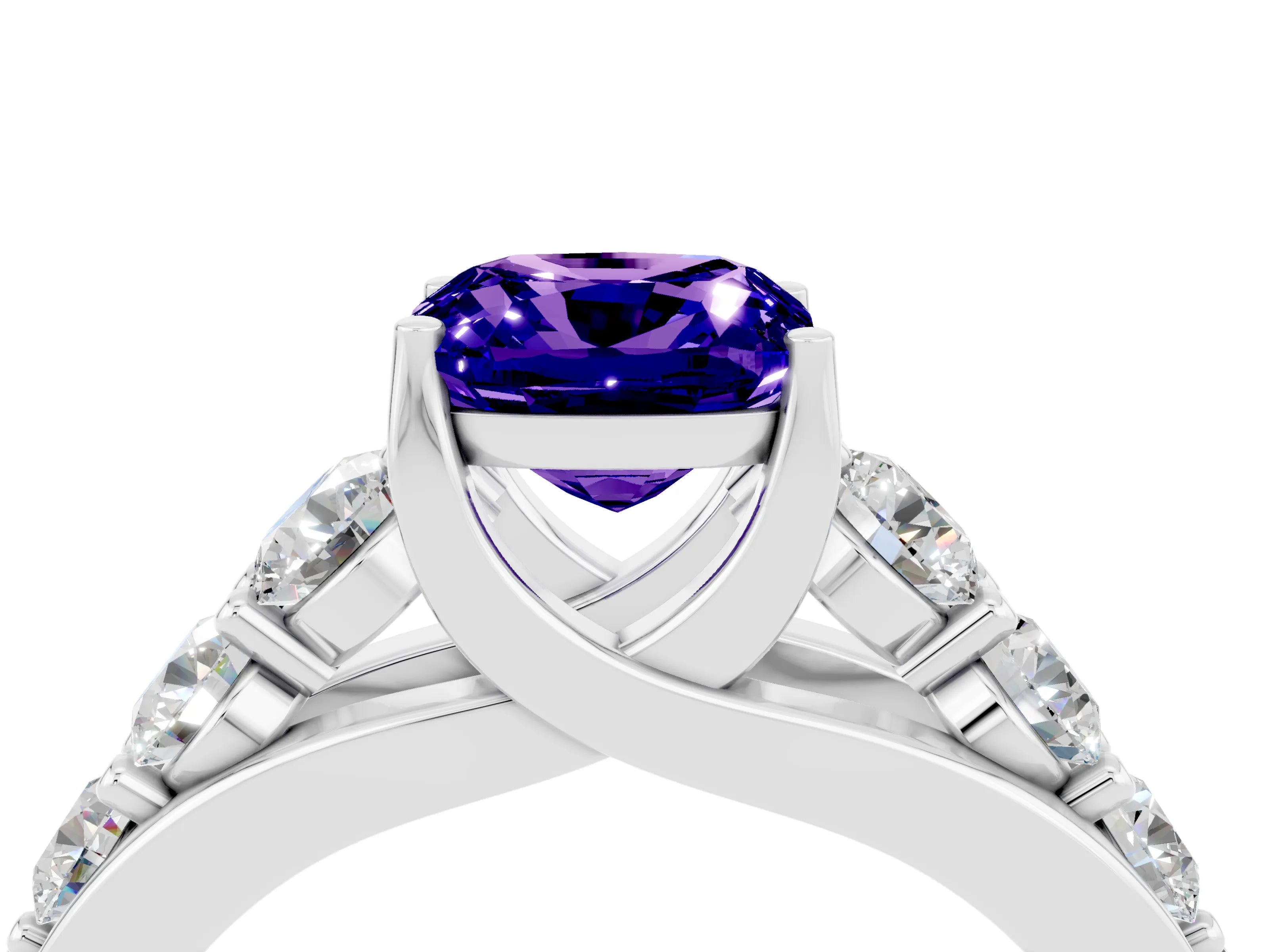 White gold Cushion Cut Tanzanite Engagement Ring with Pavé Band and Four-Prong Setting_4