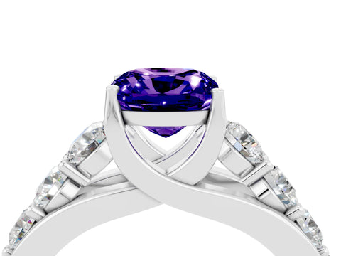 White gold Cushion Cut Tanzanite Engagement Ring with Pavé Band and Four-Prong Setting_4
