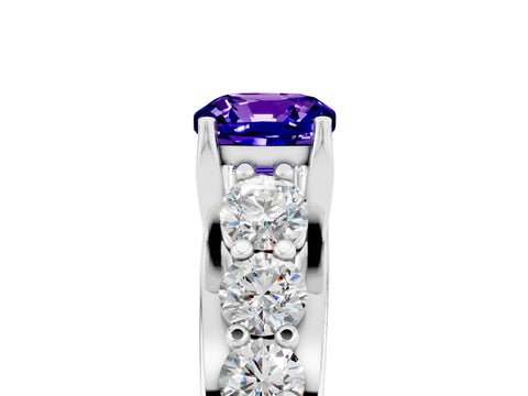 White gold Cushion Cut Tanzanite Engagement Ring with Pavé Band and Four-Prong Setting_5