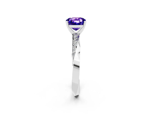 White gold Cushion Cut Tanzanite Engagement Ring with Side Stone Accents and Four-Prong Setting