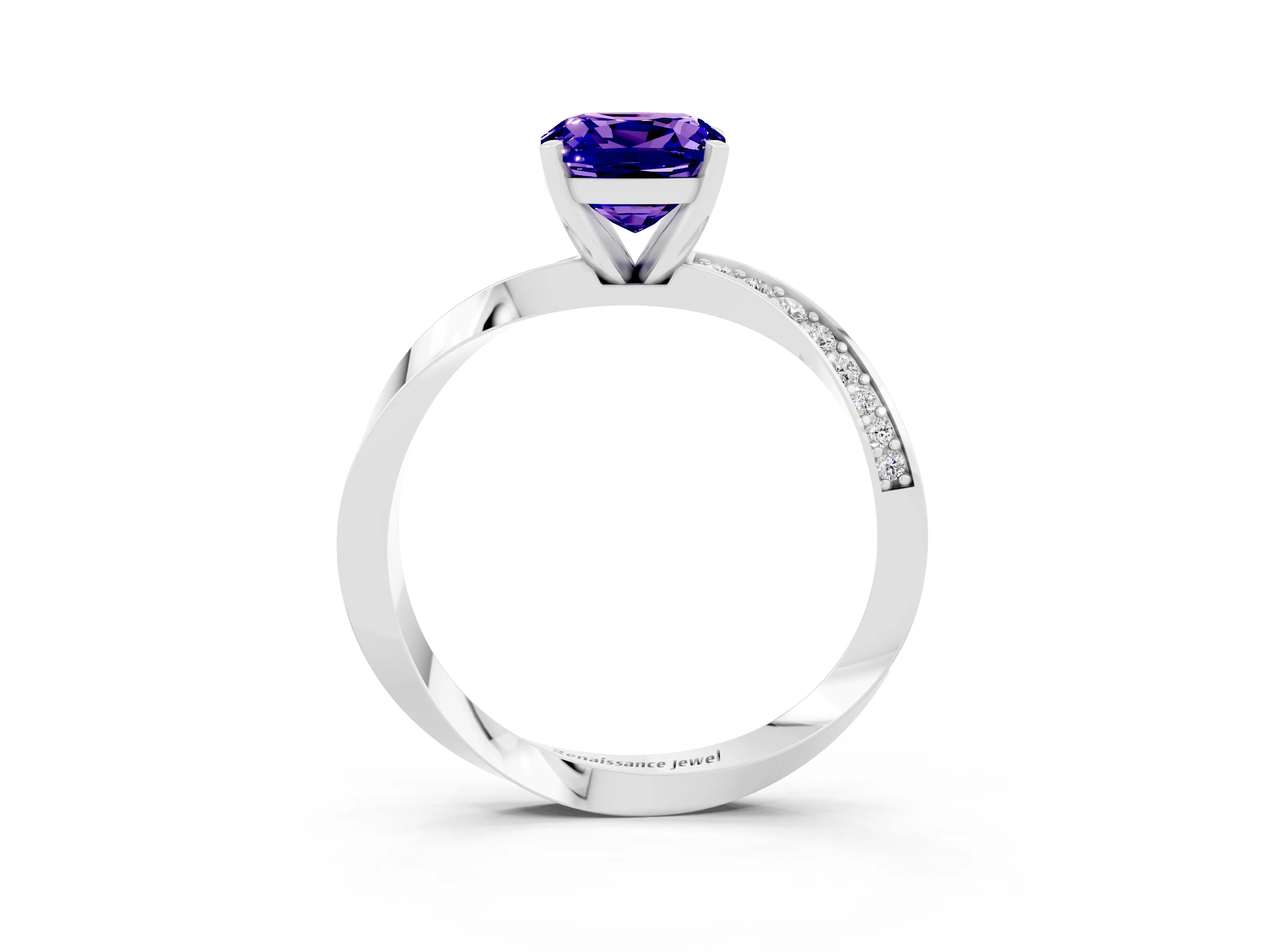 White gold Cushion Cut Tanzanite Engagement Ring with Side Stone Accents and Four-Prong Setting_30