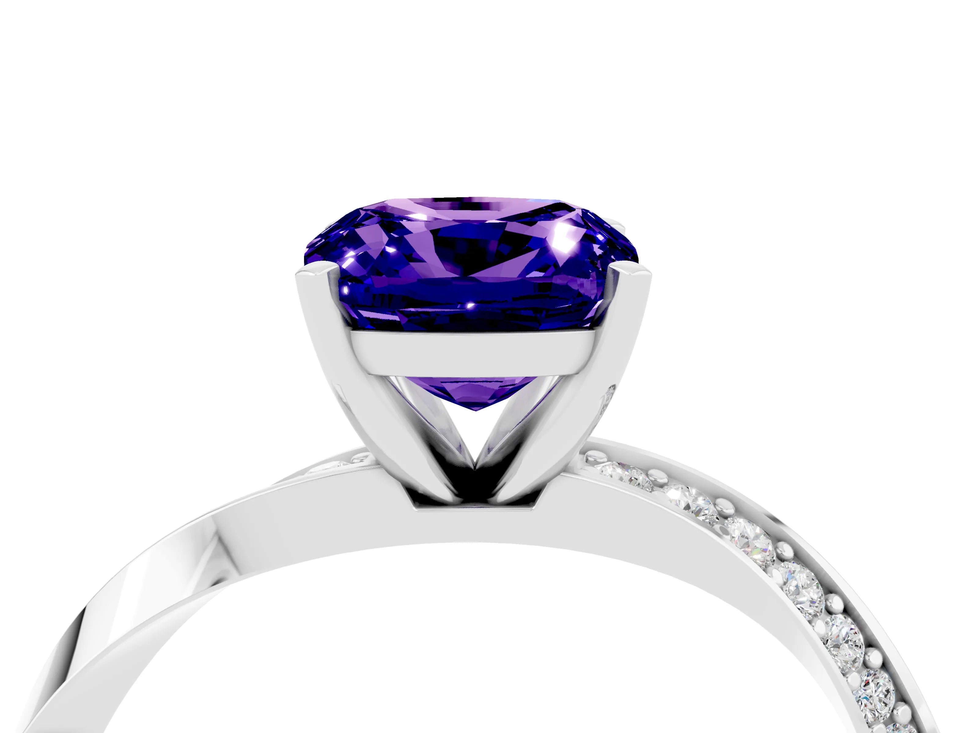 White gold Cushion Cut Tanzanite Engagement Ring with Side Stone Accents and Four-Prong Setting_31
