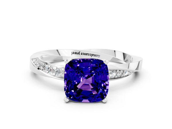 White gold Cushion Cut Tanzanite Engagement Ring with Side Stone Accents and Four-Prong Setting