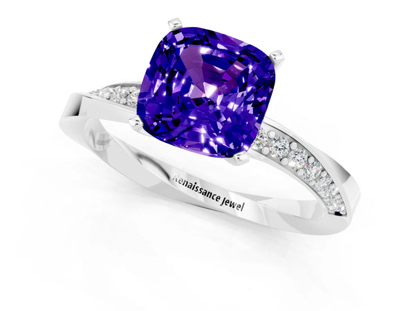 White gold Cushion Cut Tanzanite Engagement Ring with Side Stone Accents and Four-Prong Setting