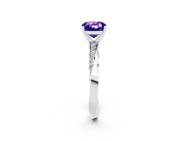 White gold Cushion Cut Tanzanite Engagement Ring with Side Stone Accents and Four-Prong Setting