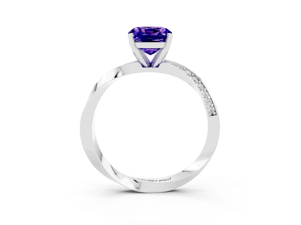 White gold Cushion Cut Tanzanite Engagement Ring with Side Stone Accents and Four-Prong Setting