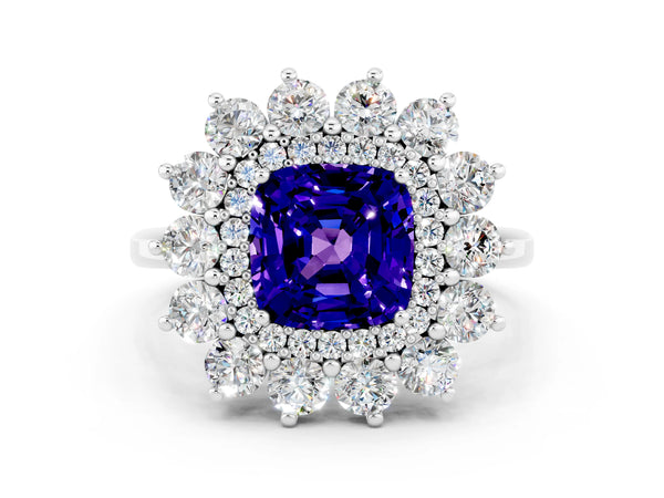 White gold Cushion Cut Tanzanite Floral Double Halo Engagement Ring with Prong Setting