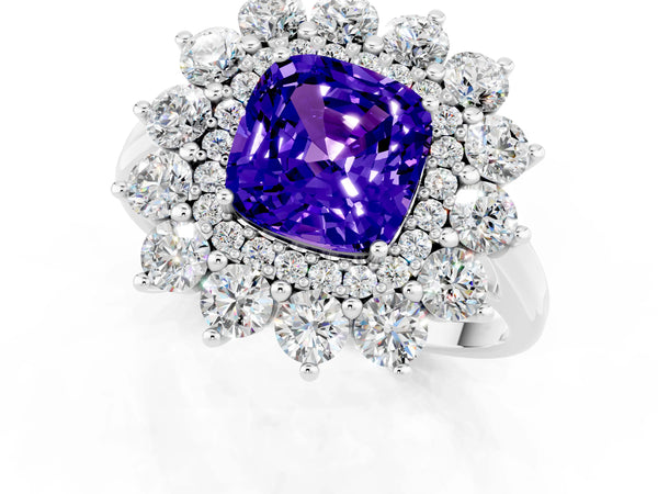 White gold Cushion Cut Tanzanite Floral Double Halo Engagement Ring with Prong Setting