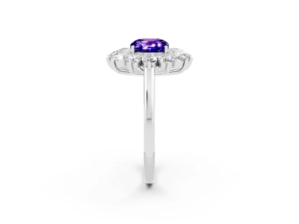 Platinum Cushion Cut Tanzanite Floral Double Halo Engagement Ring with Prong Setting