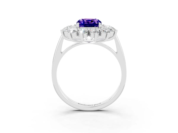 White gold Cushion Cut Tanzanite Floral Double Halo Engagement Ring with Prong Setting