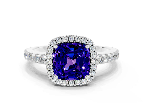 White gold Cushion Cut Tanzanite Halo Engagement Ring with Pavé Band and Prong Setting