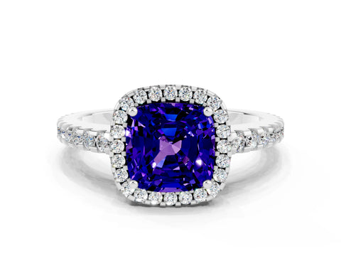 White gold Cushion Cut Tanzanite Halo Engagement Ring with Pavé Band and Prong Setting_30