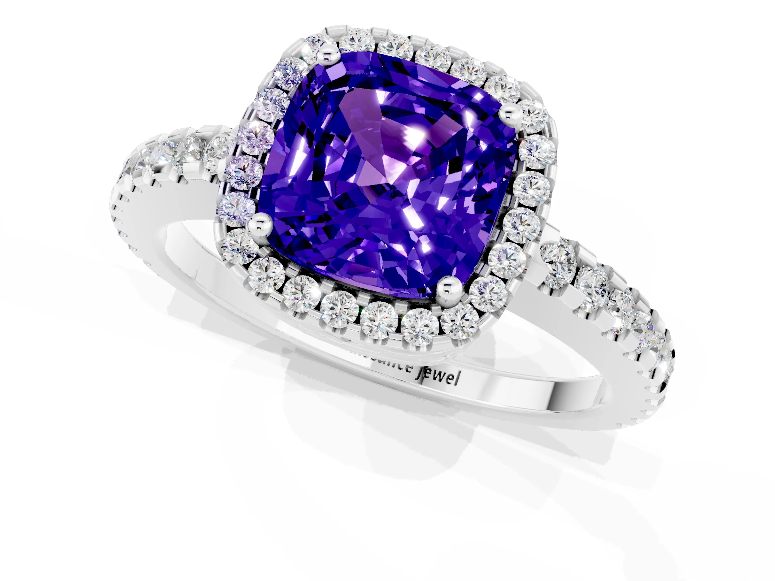 White gold Cushion Cut Tanzanite Halo Engagement Ring with Pavé Band and Prong Setting_31