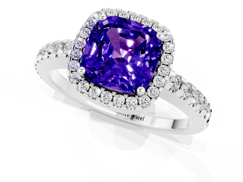 White gold Cushion Cut Tanzanite Halo Engagement Ring with Pavé Band and Prong Setting_31