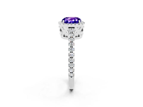 White gold Cushion Cut Tanzanite Halo Engagement Ring with Pavé Band and Prong Setting_32