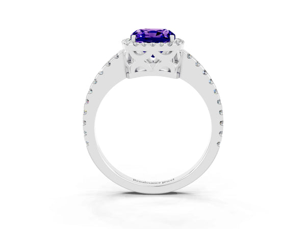 White gold Cushion Cut Tanzanite Halo Engagement Ring with Pavé Band and Prong Setting