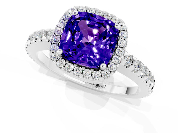 Platinum Cushion Cut Tanzanite Halo Engagement Ring with Pavé Band and Prong Setting