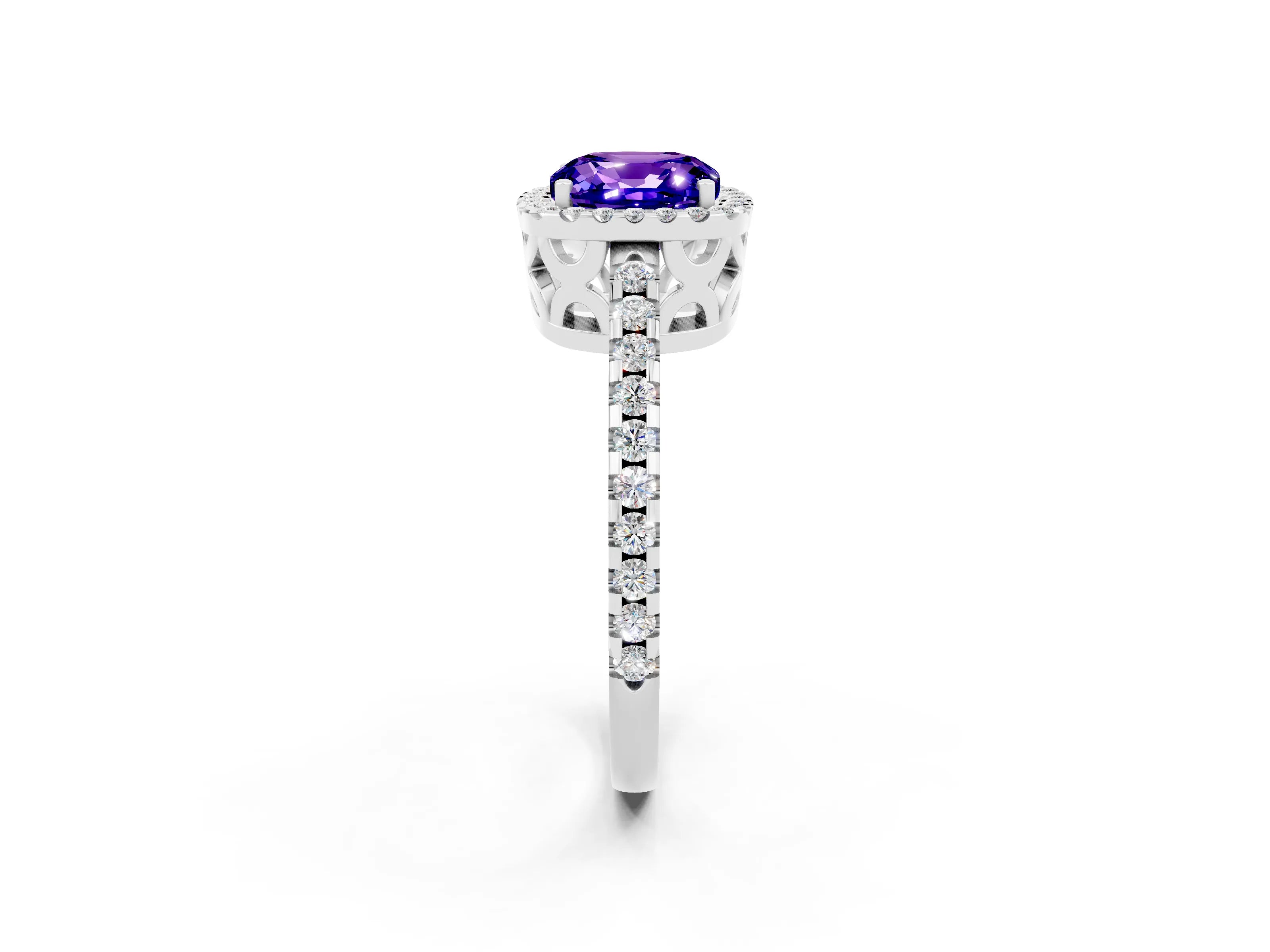 White gold Cushion Cut Tanzanite Halo Engagement Ring with Pavé Band and Prong Setting_38
