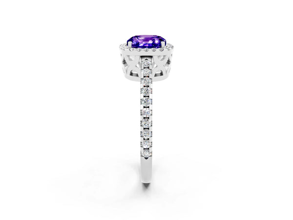 Silver Cushion Cut Tanzanite Halo Engagement Ring with Pavé Band and Prong Setting