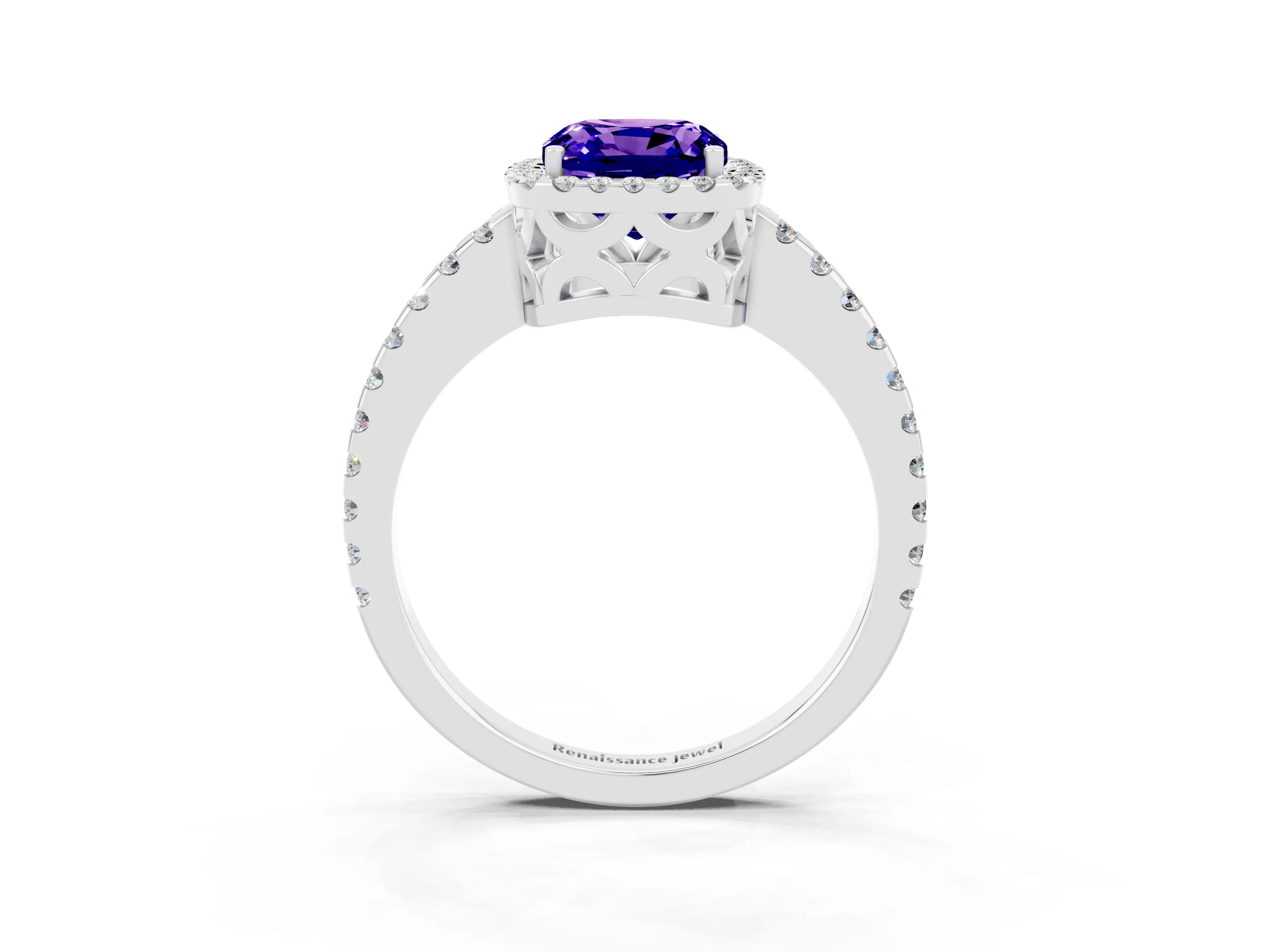 White gold Cushion Cut Tanzanite Halo Engagement Ring with Pavé Band and Prong Setting_39