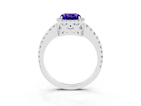 White gold Cushion Cut Tanzanite Halo Engagement Ring with Pavé Band and Prong Setting_39