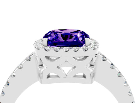 White gold Cushion Cut Tanzanite Halo Engagement Ring with Pavé Band and Prong Setting_40