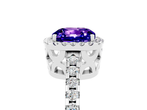 White gold Cushion Cut Tanzanite Halo Engagement Ring with Pavé Band and Prong Setting_41