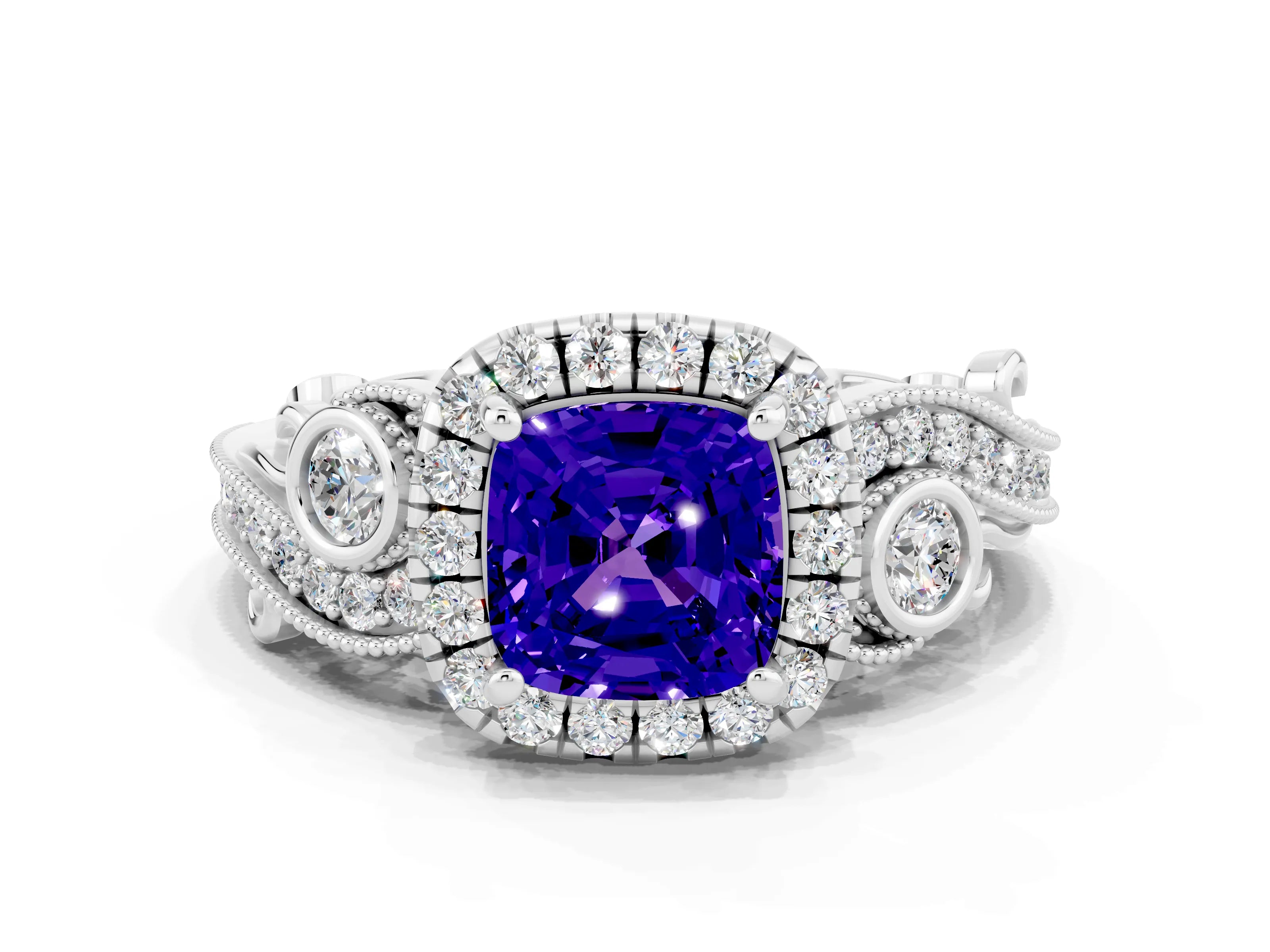 White gold Cushion Cut Tanzanite Halo Ring with Milgrain Pavé Band and Four-Prong Setting_12