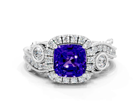 White gold Cushion Cut Tanzanite Halo Ring with Milgrain Pavé Band and Four-Prong Setting_12