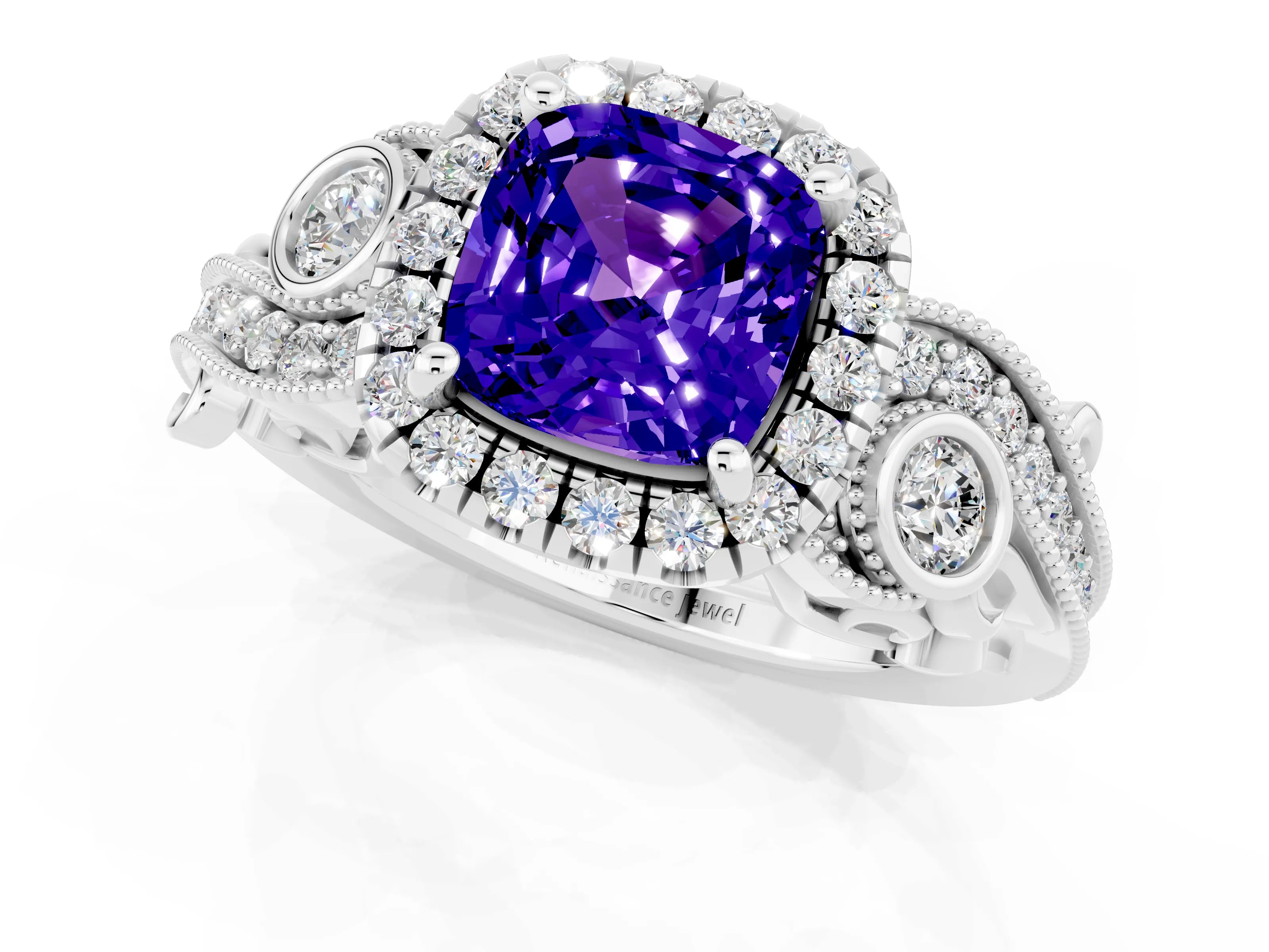White gold Cushion Cut Tanzanite Halo Ring with Milgrain Pavé Band and Four-Prong Setting_13