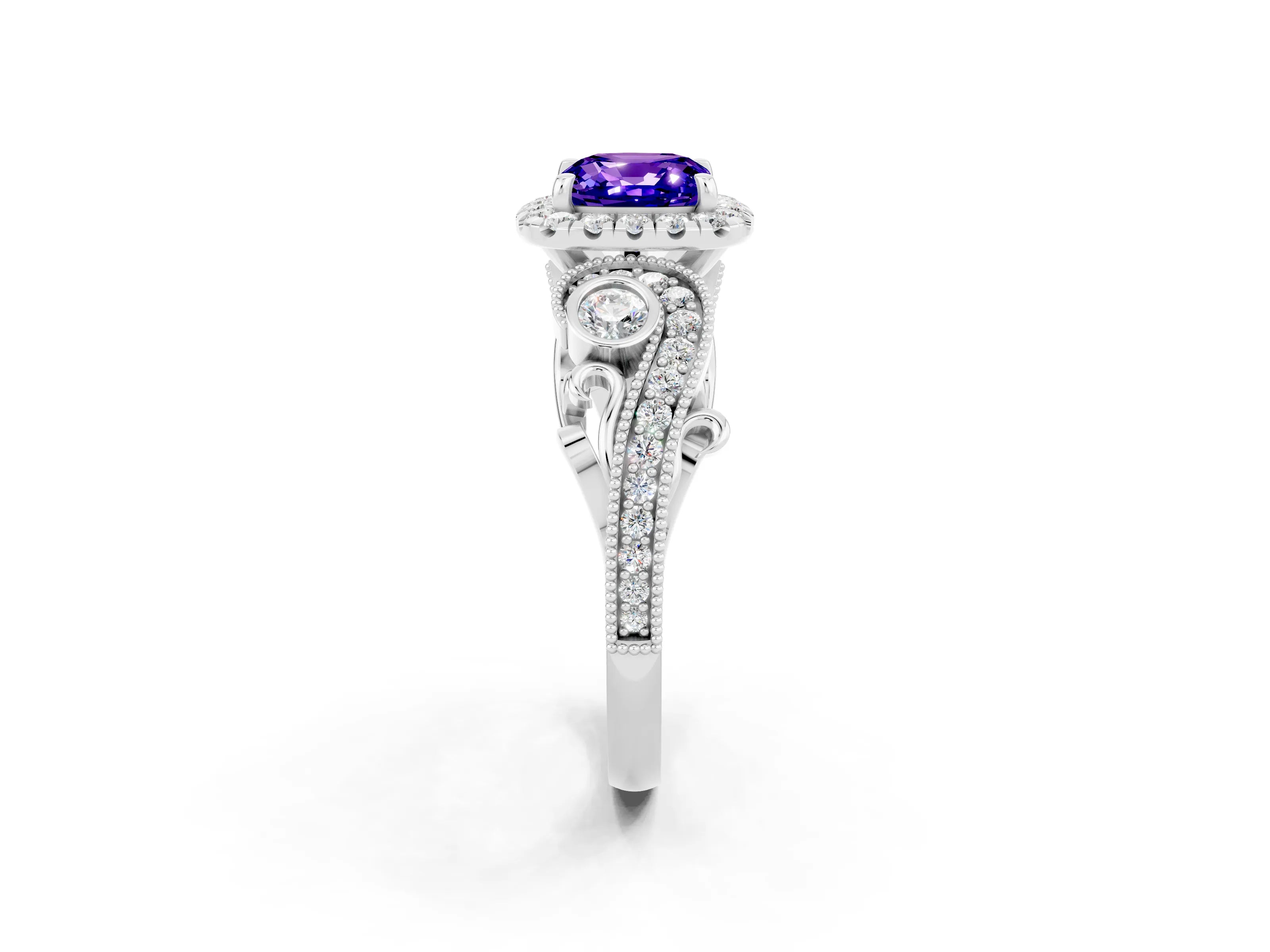 White gold Cushion Cut Tanzanite Halo Ring with Milgrain Pavé Band and Four-Prong Setting_14