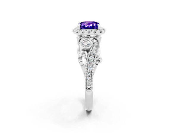 Silver Cushion Cut Tanzanite Halo Ring with Milgrain Pavé Band and Four-Prong Setting
