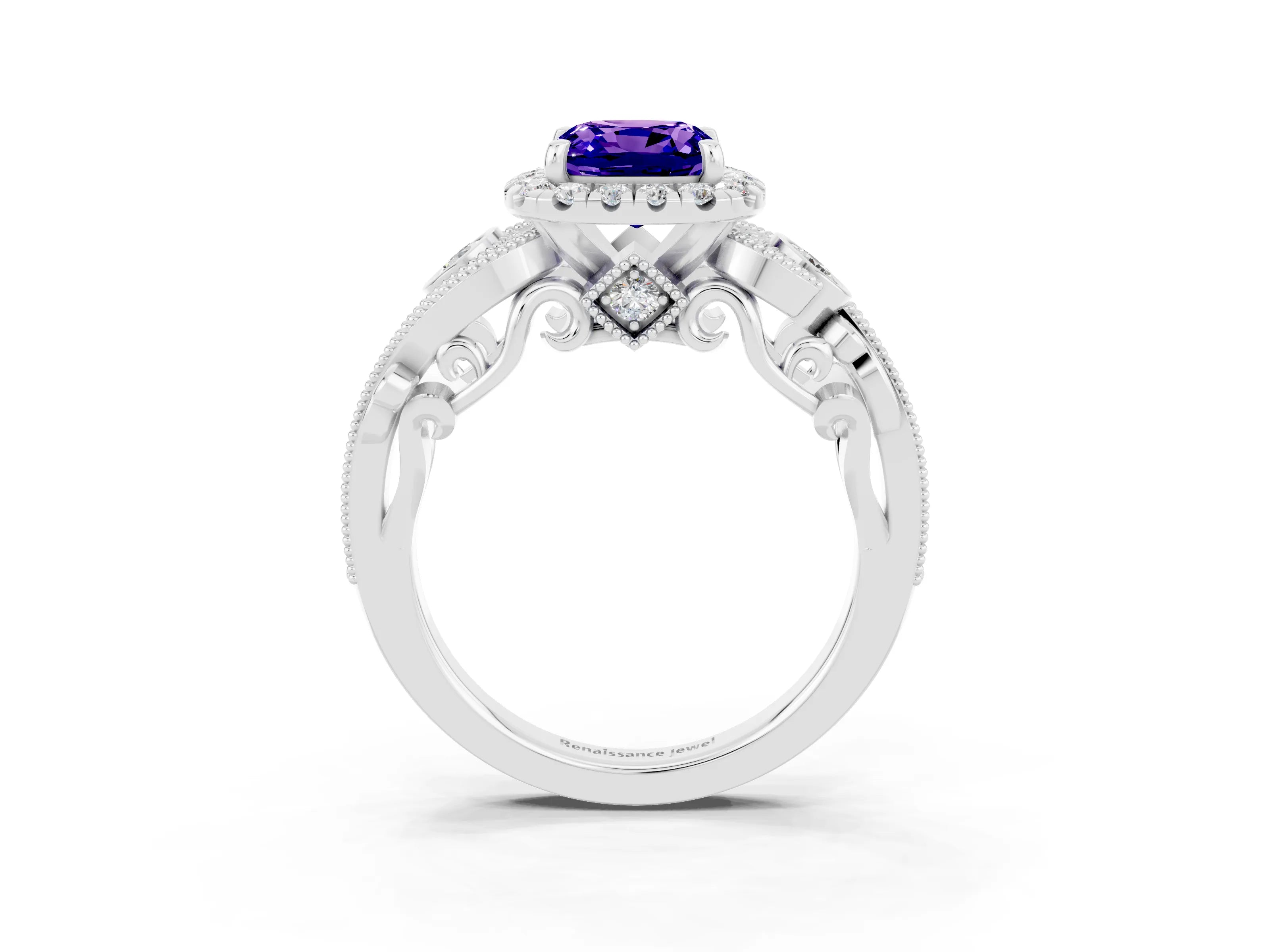White gold Cushion Cut Tanzanite Halo Ring with Milgrain Pavé Band and Four-Prong Setting_15