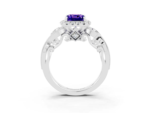 White gold Cushion Cut Tanzanite Halo Ring with Milgrain Pavé Band and Four-Prong Setting