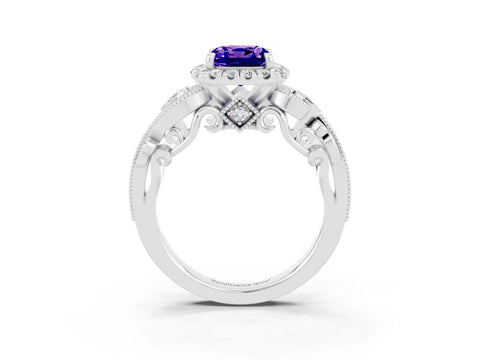 White gold Cushion Cut Tanzanite Halo Ring with Milgrain Pavé Band and Four-Prong Setting_15